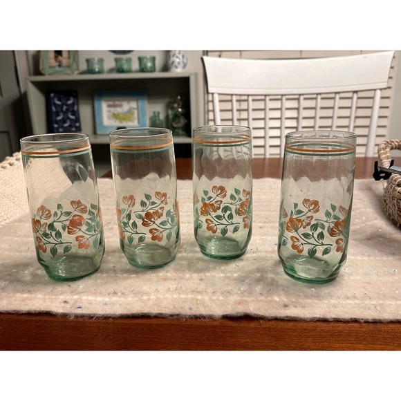 Set of 4 Vintage Libbey Tumblers Glass with Pink Flowers & Green Leaves - Picture 3 of 3